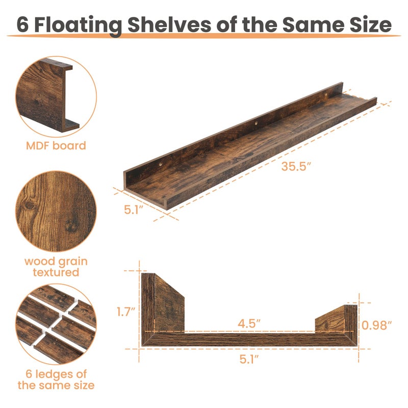 upsimples Floating Shelves for Wall, 35.5 Inch Shelves for Decor Storage Set of 6, Wall Mounted Wood Shelf for Bedroom, Living Room, Bathroom, Kitchen, Long Picture Ledge Shelves, Brown - Image 2