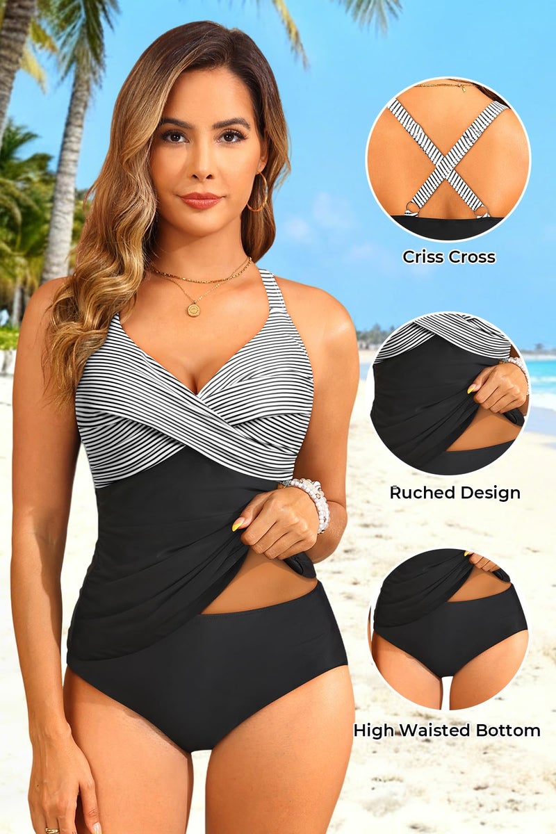 Tempt Me Women Tummy Control Tankini Swimsuit - Black Striped Ruched Two Piece Bathing Suits Underwire V Neck Swimwear with Bottom 2026 L - Image 4