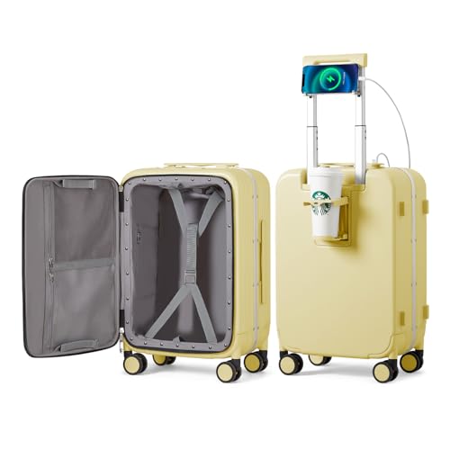 mixi Carry On Luggage with Cup Phone Holder and Charger Hard Shell Suitcases with Spinner Wheels,20 Inch Lark Yellow - Image 1