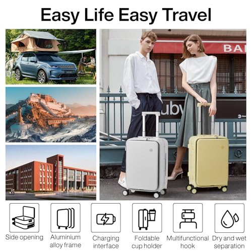 mixi Carry On Luggage with Cup Phone Holder and Charger Hard Shell Suitcases with Spinner Wheels,20 Inch Lark Yellow - Image 2