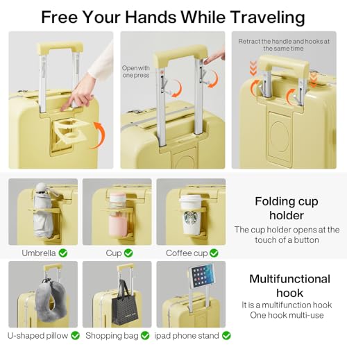 mixi Carry On Luggage with Cup Phone Holder and Charger Hard Shell Suitcases with Spinner Wheels,20 Inch Lark Yellow - Image 4