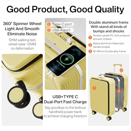 mixi Carry On Luggage with Cup Phone Holder and Charger Hard Shell Suitcases with Spinner Wheels,20 Inch Lark Yellow - Image 5