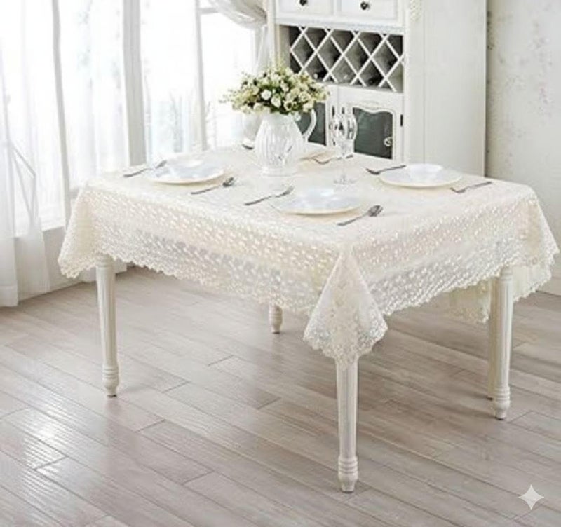 Generic Elegant White Lace Tablecloth with Embroidered Details, Rectangular Dining Table Cover, 130x210 cm, .flo