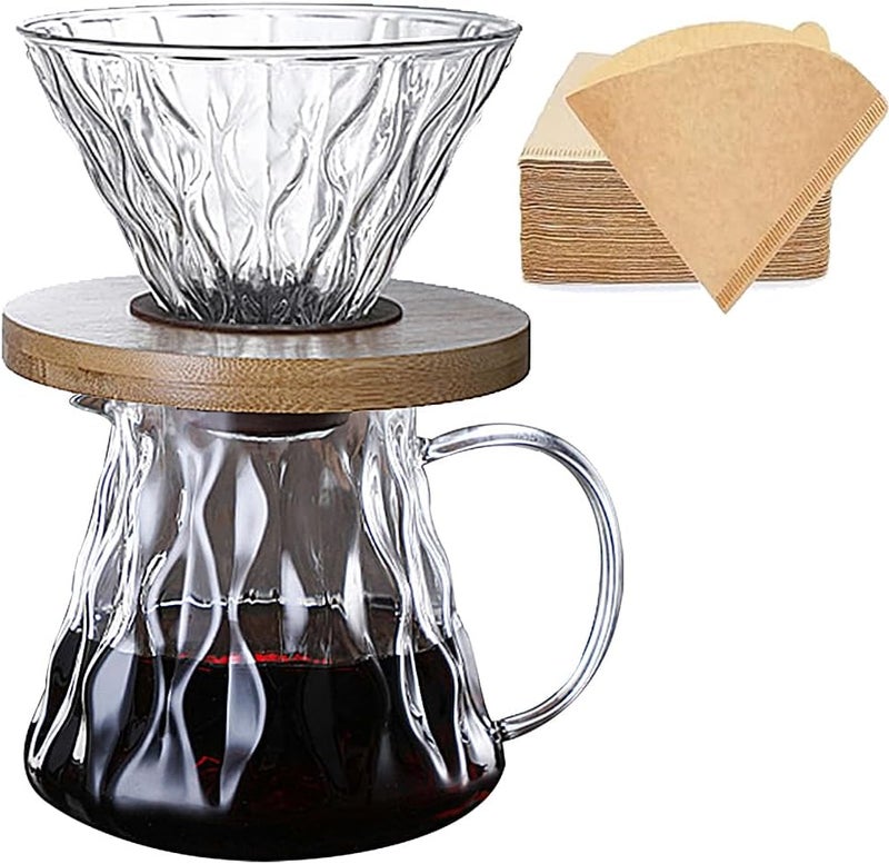 Moonmen V60 Pour Over Coffee Maker Dripper Set, 600ml Glass Coffee Server Pot Size 02, V60 Glass Coffee Dripper with Wood Stand Dripper for Home Office Carafe Gift-Grey (Ripple Style with Paper) - Image 1