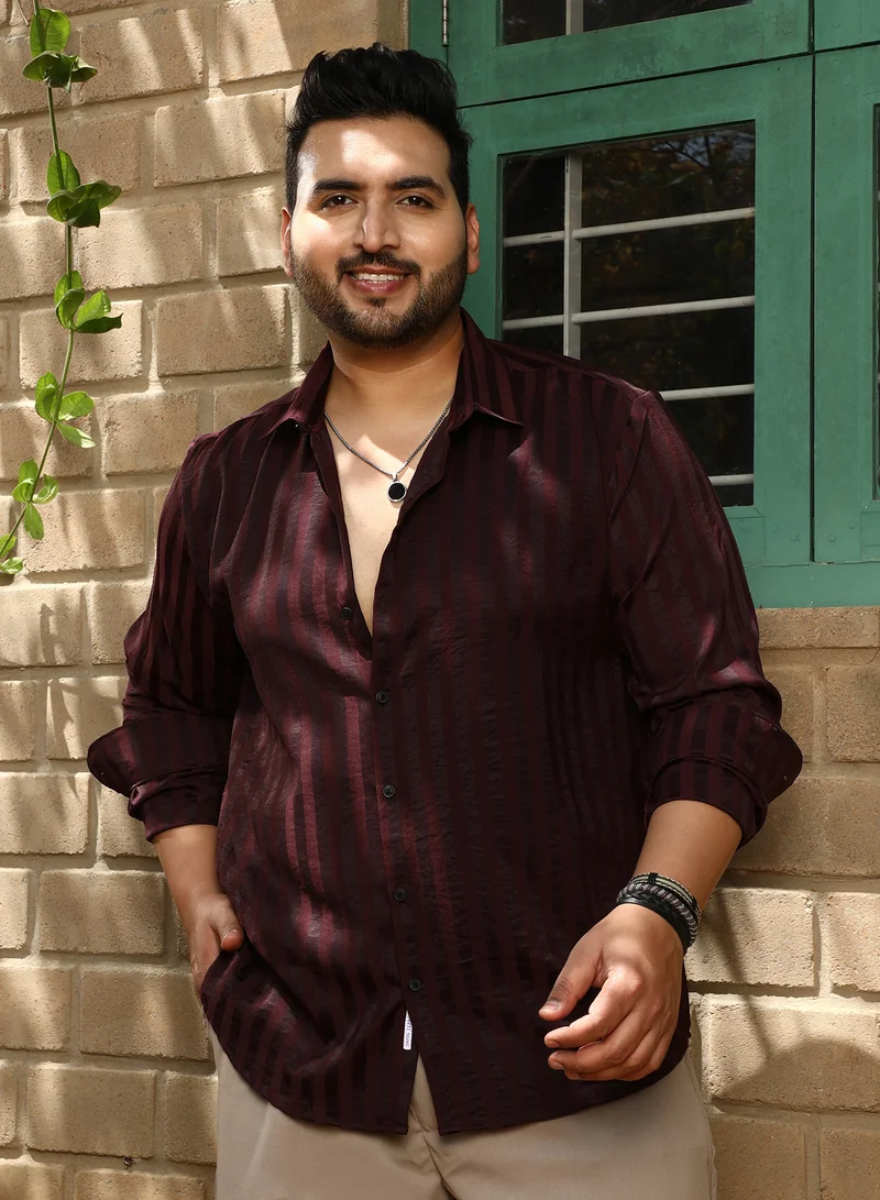 Instafab Plus Instafab Plus Men's Wine Red Candy-Striped Shirt For Casual Wear | Spread Collar | Long Cuffed Sleeves | Button Closure | Shirt Crafted With Comfort Fit For Everyday Wear
