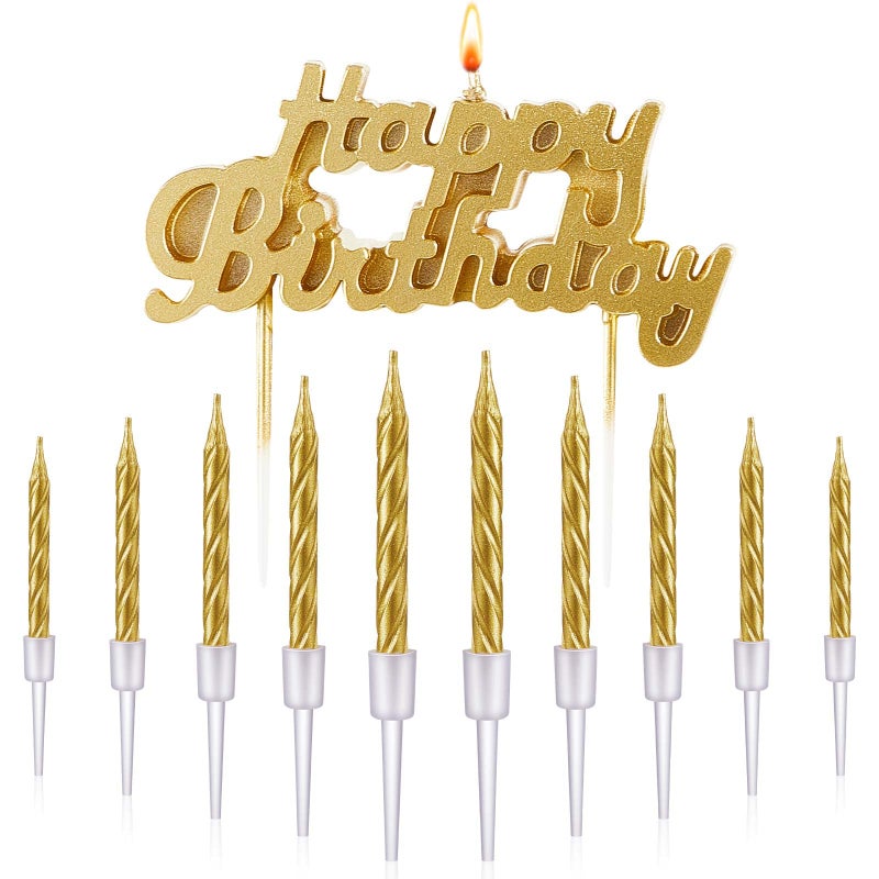 MTLEE Happy Birthday Candles Letter Cake Topper with 10 Pcs 295 Inch Short Thin Spiral Candles for Cake Topper Birthday Decoration Party SuppliesGold