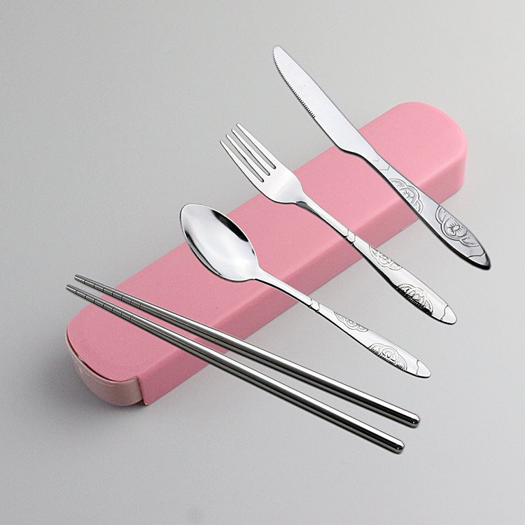 Creative Printing Stainless Steel Tableware Four-Piece Portable Tableware Set Chopsticks Spoon Fork Can Print Logo - Image 1