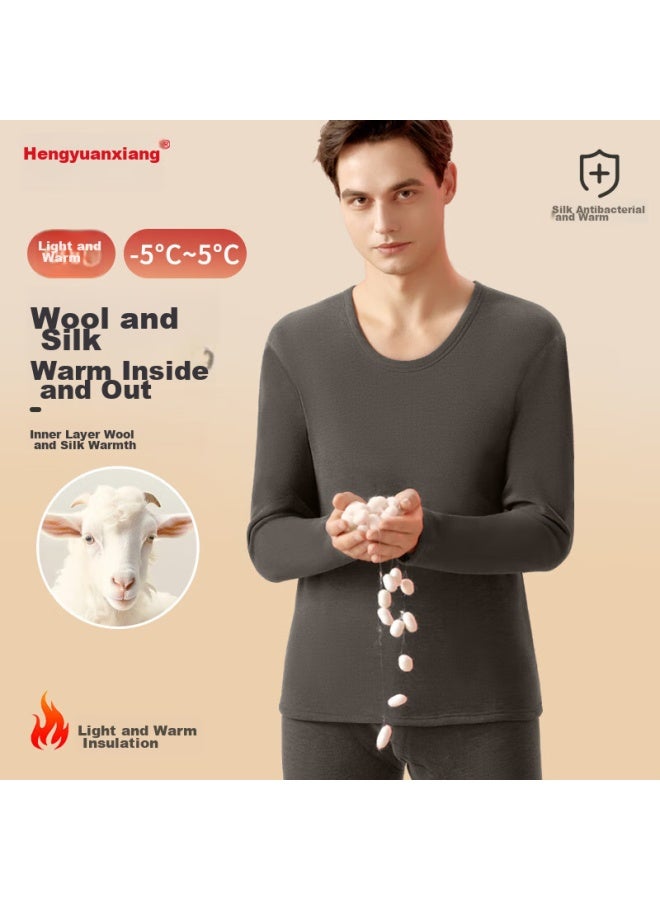 Hengyuanxiang Hengyuanxiang Wool And Silk Thermal Underwear For Men, Fleece-lined Thick Round Neck Men's Autumn Top And Bottom Set, Dark Gray - Image 2