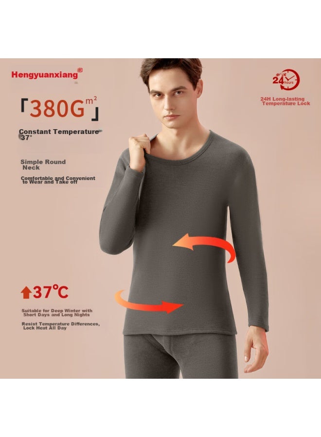 Hengyuanxiang Hengyuanxiang Wool And Silk Thermal Underwear For Men, Fleece-lined Thick Round Neck Men's Autumn Top And Bottom Set, Dark Gray - Image 3