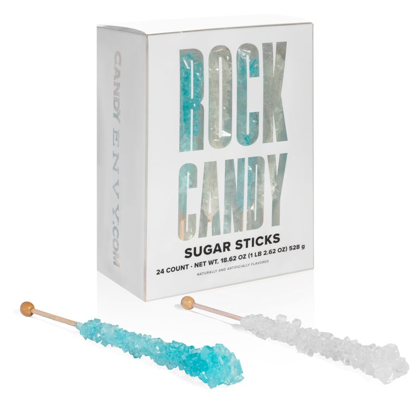 Candy Envy Light Blue and White Rock Candy Sugar Sticks 24 Indiv Wrapped Cotton Candy Original Sugar Flavored