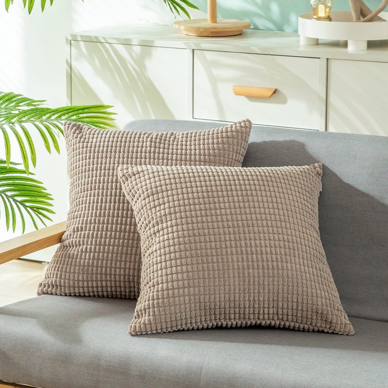 CaliTime Throw Pillow Covers Pack of 2 Comfy Corduroy Corn Striped Waffle Decorative Cushion Cases for Couch Sofa Bed Farmhouse 16 X 16 Inches Light Taupe