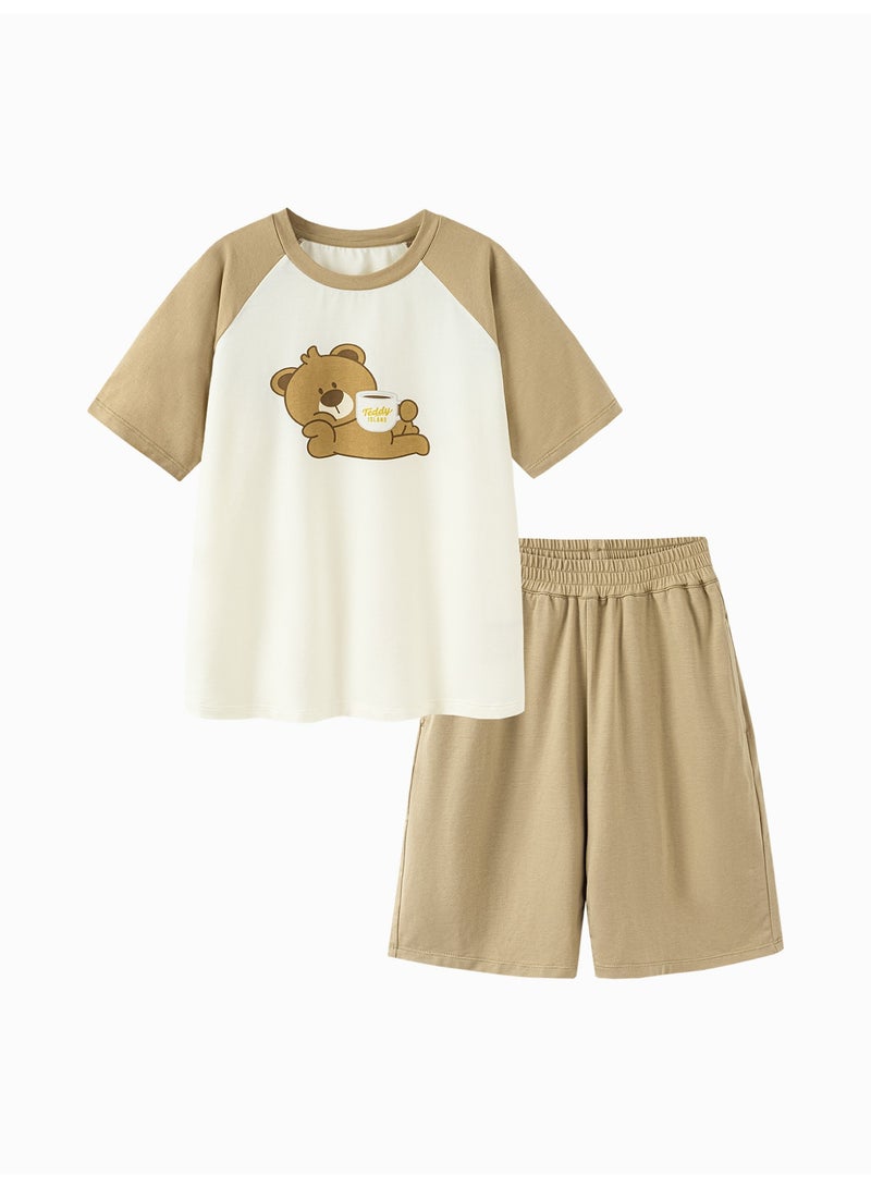 ميني بالا نقطة أزرار طفل غريبة جنسًا بطبعة دب كرتونية لطيفة بأكمام قصيرة وقصر، قطعة ناعمة وقابلة للتنفس، أكمام راجلان متناقضة، حزام خصر مرن، مثالية للارتداء اليومي وللأرتداء الخفيف والأنشطة الداخلية مجموعة فستان طفل للمنزل - Image 4