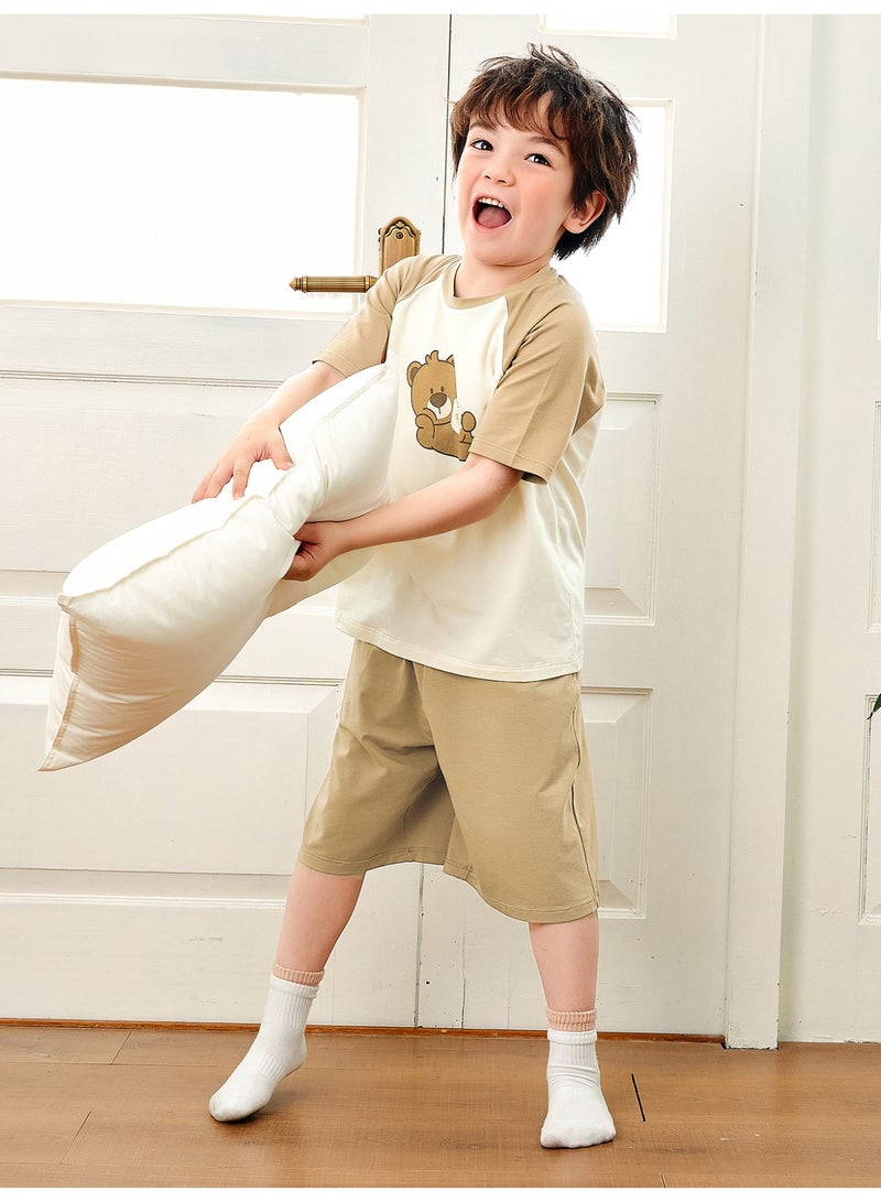 ميني بالا نقطة أزرار طفل غريبة جنسًا بطبعة دب كرتونية لطيفة بأكمام قصيرة وقصر، قطعة ناعمة وقابلة للتنفس، أكمام راجلان متناقضة، حزام خصر مرن، مثالية للارتداء اليومي وللأرتداء الخفيف والأنشطة الداخلية مجموعة فستان طفل للمنزل - Image 2