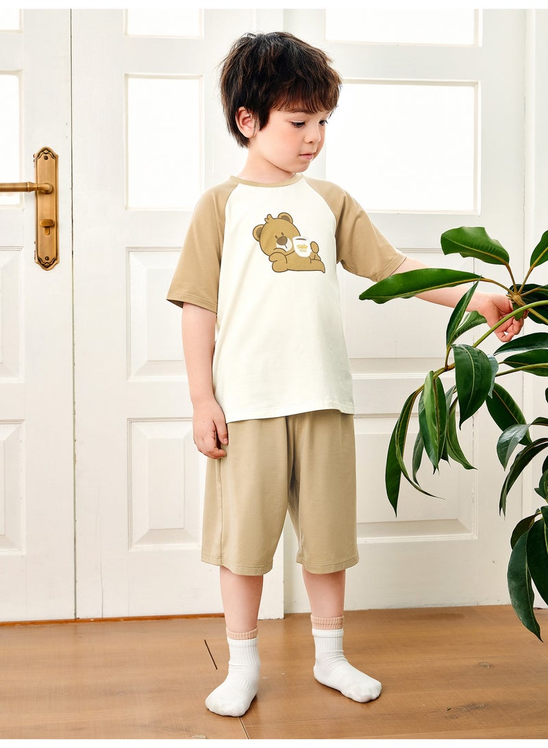 ميني بالا نقطة أزرار طفل غريبة جنسًا بطبعة دب كرتونية لطيفة بأكمام قصيرة وقصر، قطعة ناعمة وقابلة للتنفس، أكمام راجلان متناقضة، حزام خصر مرن، مثالية للارتداء اليومي وللأرتداء الخفيف والأنشطة الداخلية مجموعة فستان طفل للمنزل - Image 1