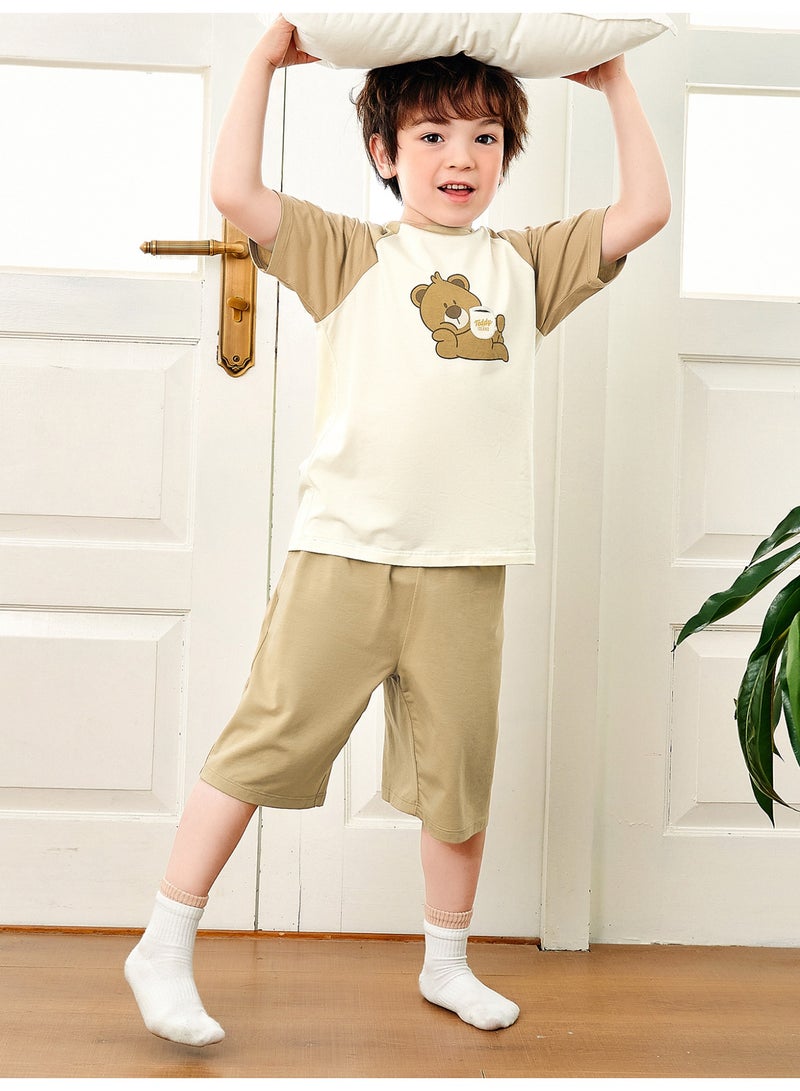 ميني بالا نقطة أزرار طفل غريبة جنسًا بطبعة دب كرتونية لطيفة بأكمام قصيرة وقصر، قطعة ناعمة وقابلة للتنفس، أكمام راجلان متناقضة، حزام خصر مرن، مثالية للارتداء اليومي وللأرتداء الخفيف والأنشطة الداخلية مجموعة فستان طفل للمنزل - Image 3