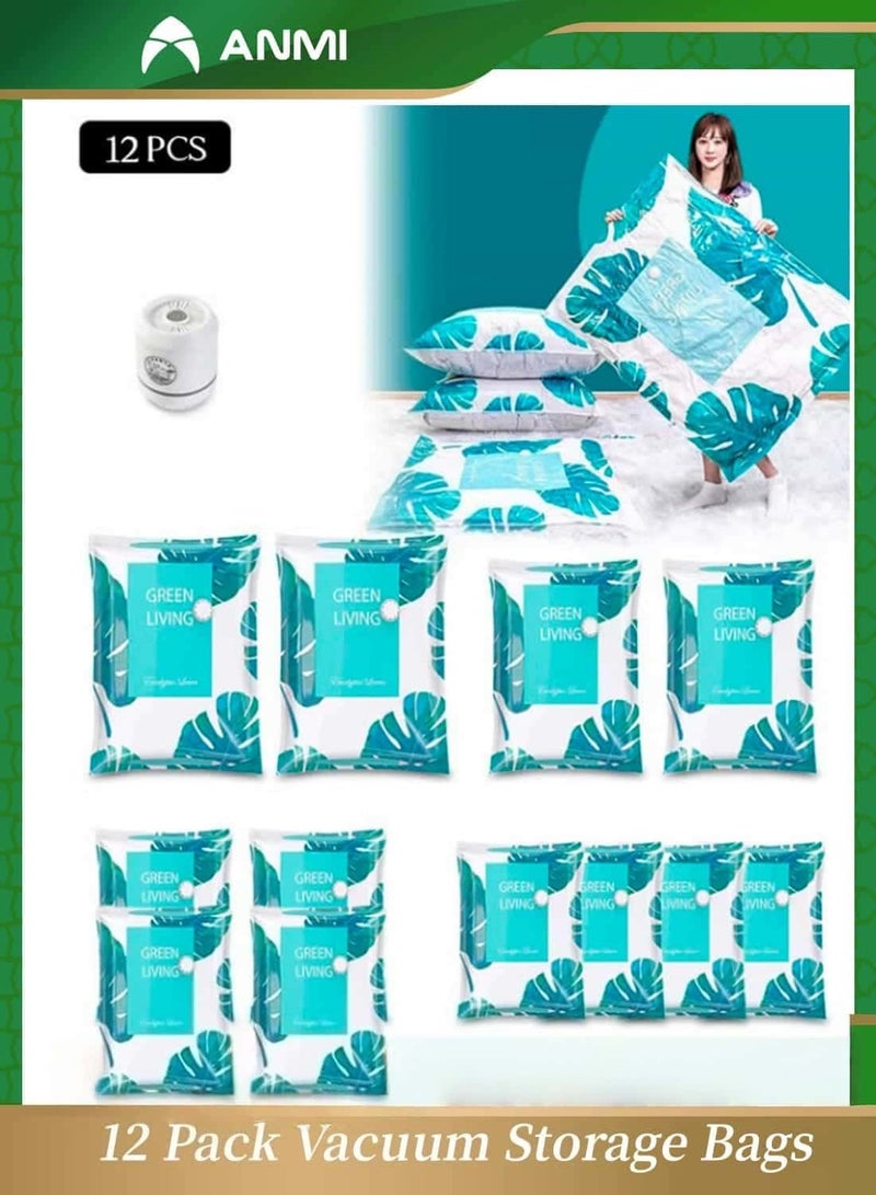 Anmi 12 Pack Vacuum Storage Bags with Electric Pump- (2 Jumbo + 2 Large + 4 Medium + 4 Small) Reusable Compression Bags Space Saver for Packing,Clothes, Bedding, Travel - Image 1