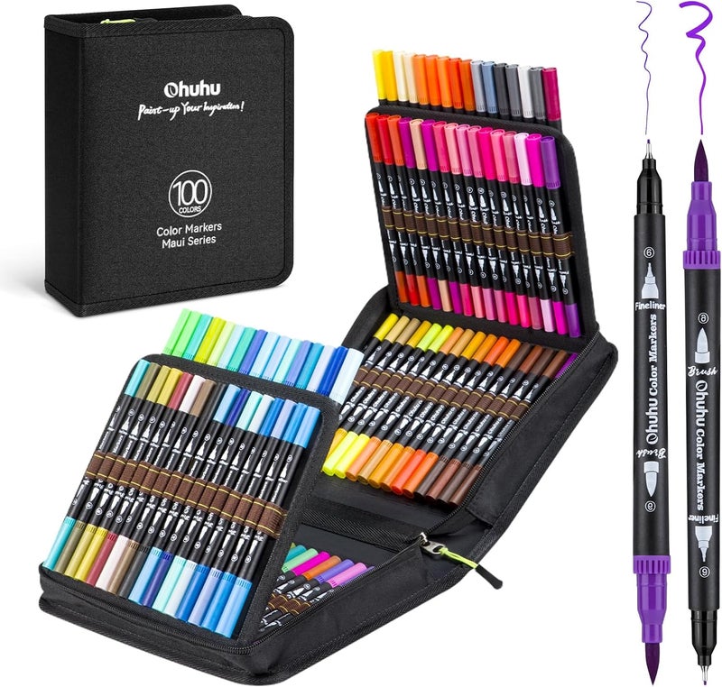 Ohuhu Markers For Adult Coloring Books: 100 Colors Brush Pens Dual Brush Fine Tip Drawing Pens Water-Based Coloring Markers For Kids Adults Artist Calligraphy Bullet Journal With Carrying Case -Maui - Image 1
