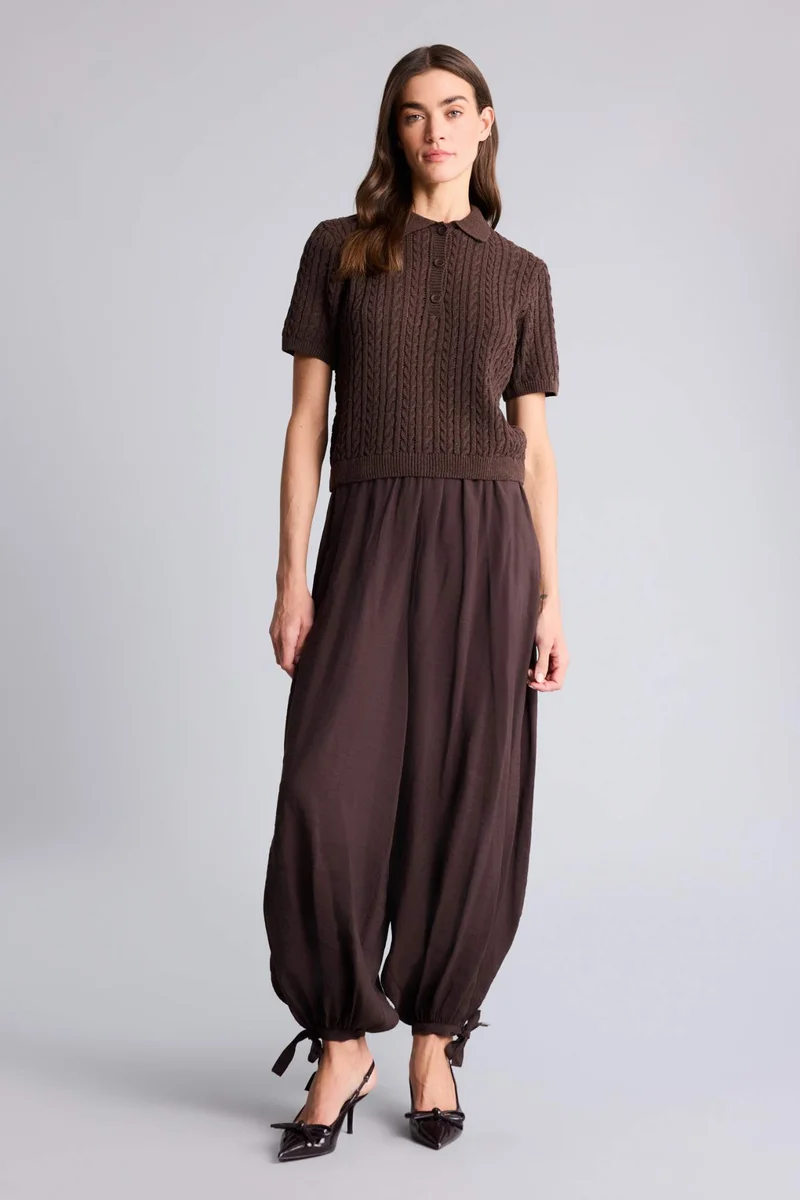 ديفاكتو Polo Neck Short Sleeve Openwork Knit Pullover