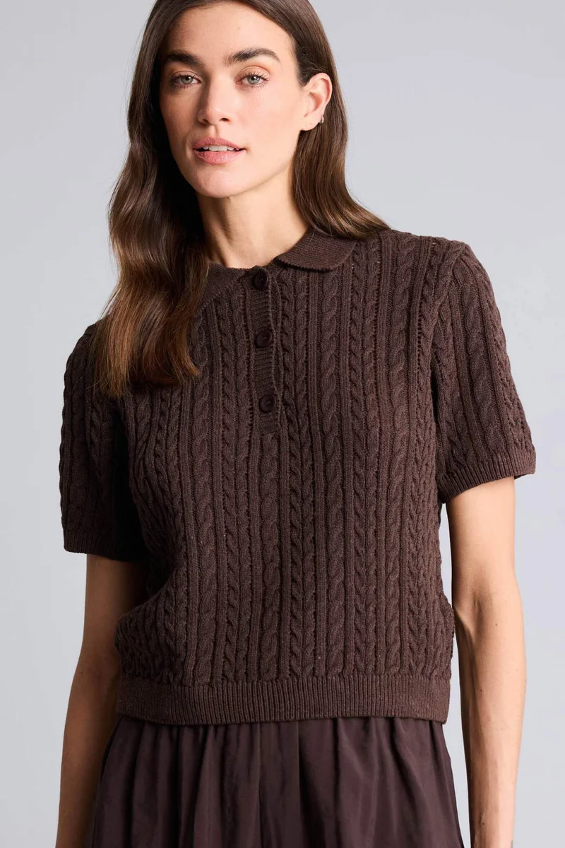 ديفاكتو Polo Neck Short Sleeve Openwork Knit Pullover