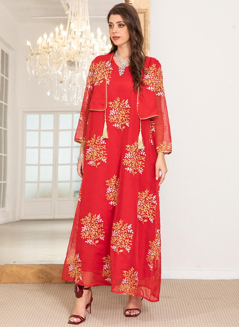 فرايديين انيق طوق على شكل V زهري جاكار تطريز قطعتين في واحد كم منتظم قفطان احمر - Image 4