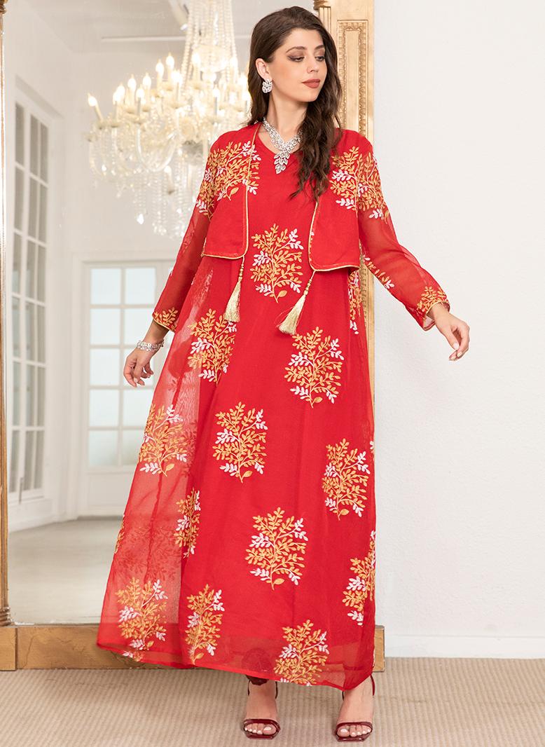 فرايديين انيق طوق على شكل V زهري جاكار تطريز قطعتين في واحد كم منتظم قفطان احمر - Image 5