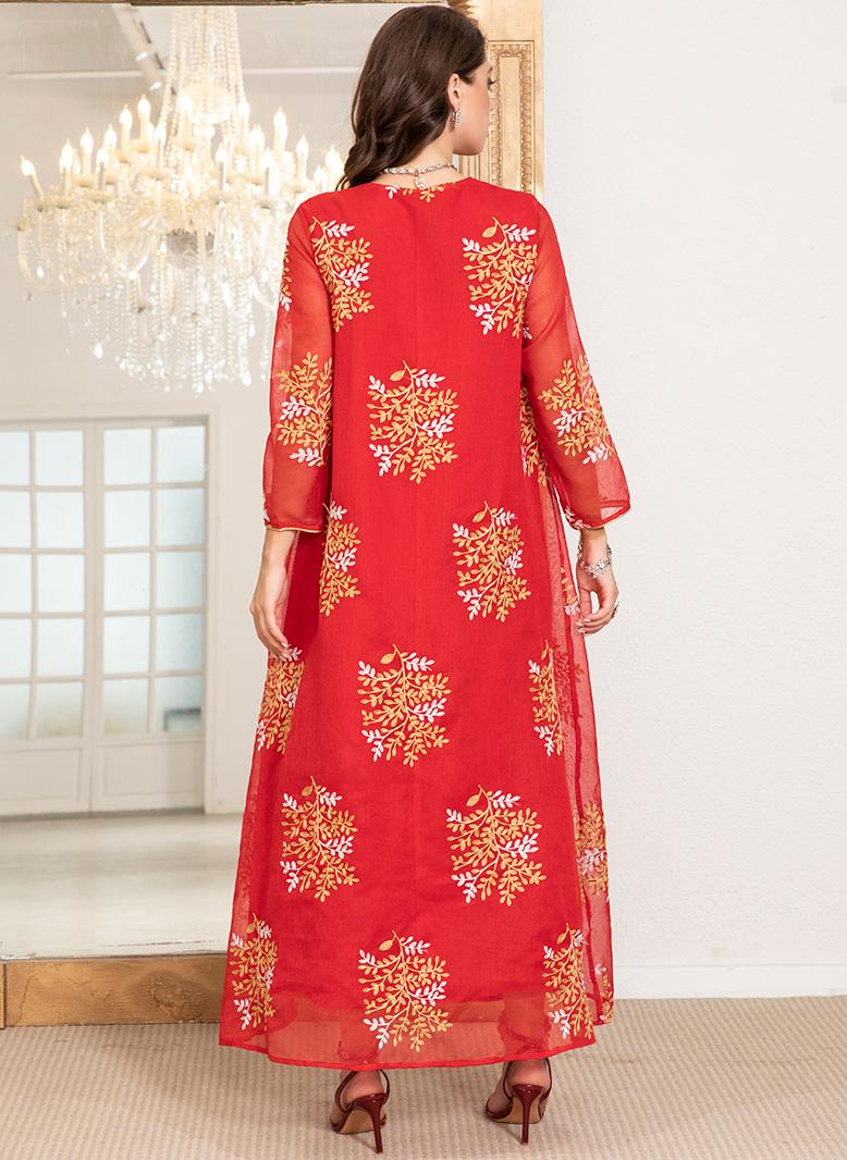 فرايديين انيق طوق على شكل V زهري جاكار تطريز قطعتين في واحد كم منتظم قفطان احمر - Image 2