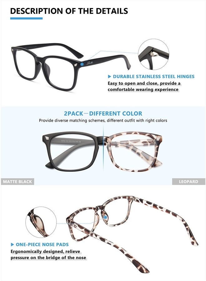 livho 2 Pack Blue Light Blocking Glasses, Computer Reading/Gaming/TV/Phones Glasses for Women Men,Anti Eyestrain & UV Glare (Matte Black+Leopard)  - Image 2