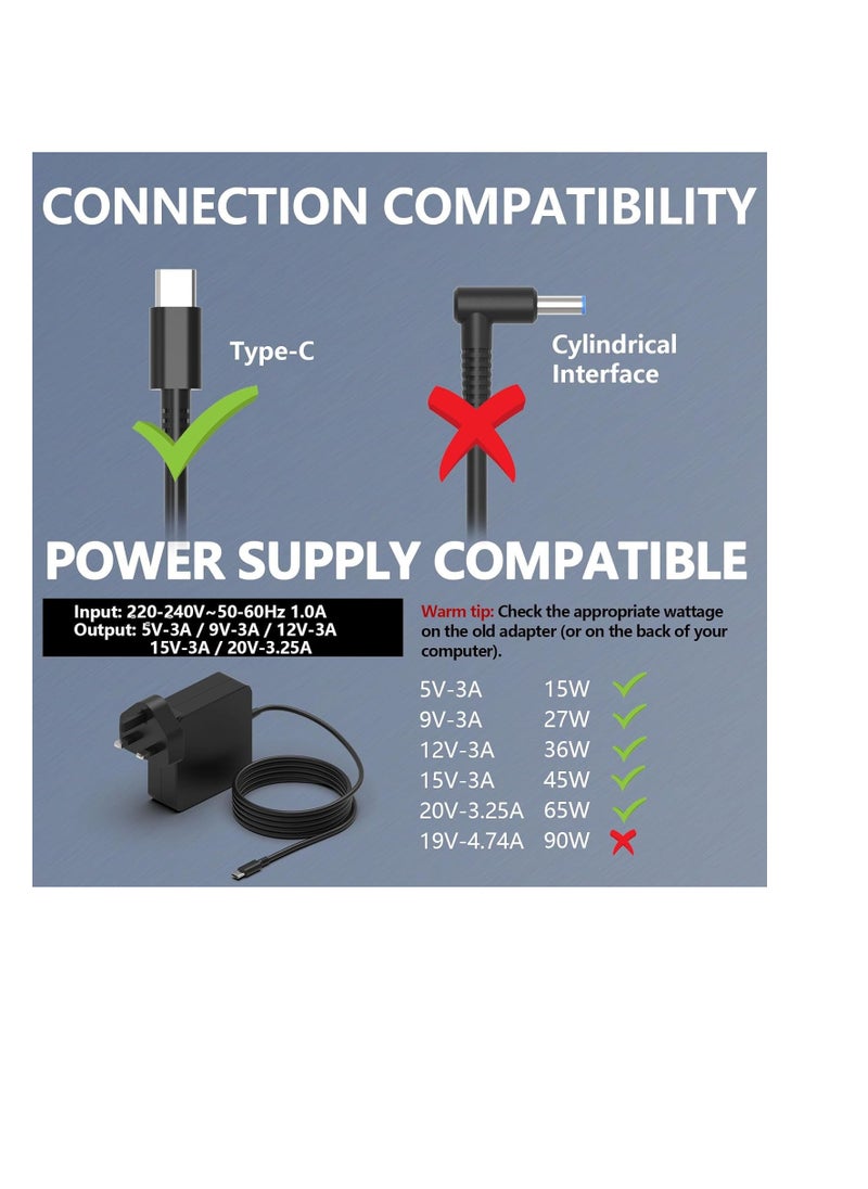 ماركة غير محددة 65 واط USB C Chromebook شحن سريع كابل إمداد الطاقة محول متوافق على نطاق واسع مع الأجهزة المتعددة مع واجهة Type-c  - Image 2