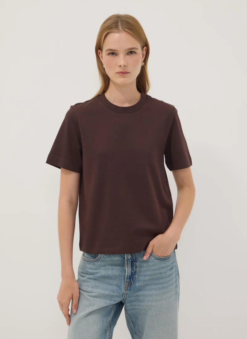 او في اس OVS Brown Relaxed-Fit Pure Cotton Short-Sleeve T-Shirt