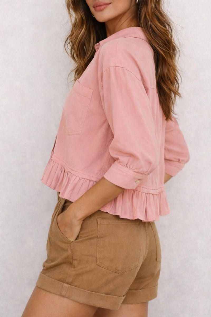 CHYRII Womens Summer Tops Dressy Casual Blouse Top Ruffled Short Sleeve Button Down Shirt Pink S - Image 3
