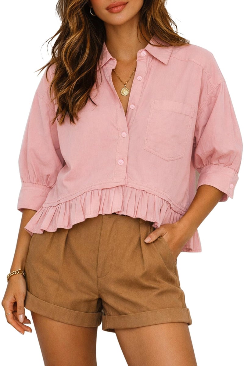 CHYRII Womens Summer Tops Dressy Casual Blouse Top Ruffled Short Sleeve Button Down Shirt Pink S - Image 1