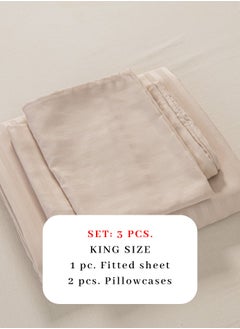 LUNA Home 3 Pcs King Size Fitted sheet with elastic corner 180*200+30cm with 2 pillow cases, bedsheet set, beige.  - Image 2