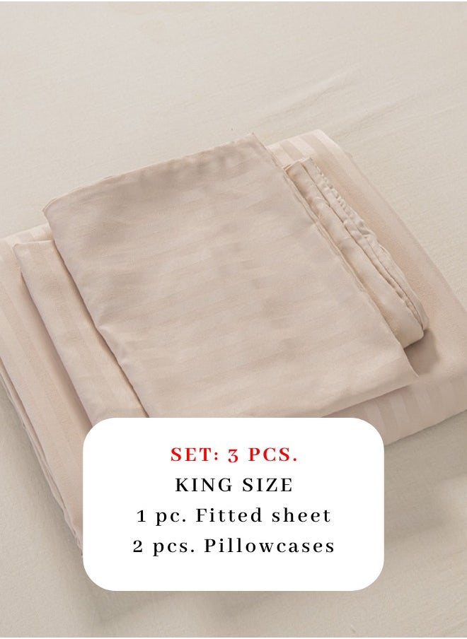 LUNA Home 3 Pcs King Size Fitted sheet with elastic corner 180*200+30cm with 2 pillow cases, bedsheet set, beige.  - Image 2