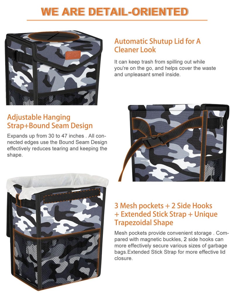 Pritent Car Trash Can with Lid, Cute Leakproof Car Trash Garbage Bag Hanging Vehicle Trash Bin Small Portable Automotive Garbage Cans Organizer for Back/Front Seat/Console(Trapezoid,Camo Grey) - Image 4