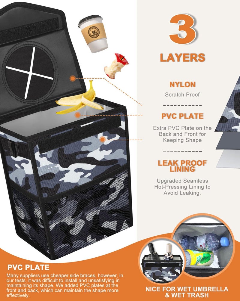 Pritent Car Trash Can with Lid, Cute Leakproof Car Trash Garbage Bag Hanging Vehicle Trash Bin Small Portable Automotive Garbage Cans Organizer for Back/Front Seat/Console(Trapezoid,Camo Grey) - Image 3