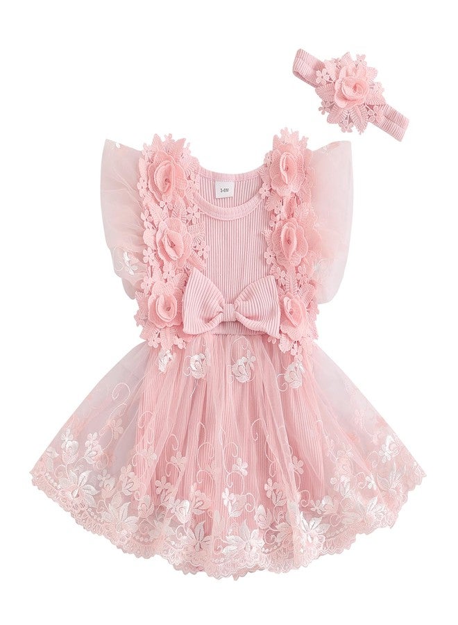 Douhoow Baby Girls Romper Dress Baby Dress Romper 3D Flowers Mesh Skirt Hem Infant Girl Summer Clothes with Headband (Light Pink, 0-3 Months) - Image 1
