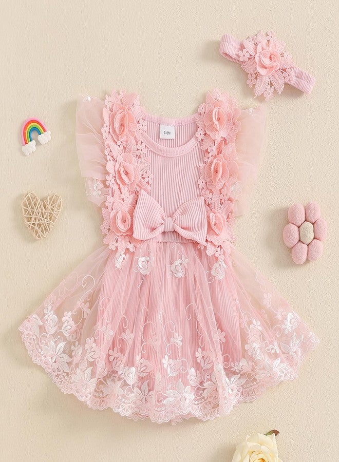 Douhoow Baby Girls Romper Dress Baby Dress Romper 3D Flowers Mesh Skirt Hem Infant Girl Summer Clothes with Headband (Light Pink, 0-3 Months) - Image 2