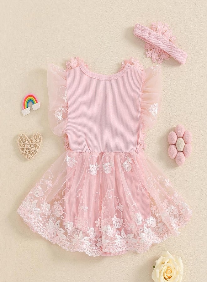 Douhoow Baby Girls Romper Dress Baby Dress Romper 3D Flowers Mesh Skirt Hem Infant Girl Summer Clothes with Headband (Light Pink, 0-3 Months) - Image 4