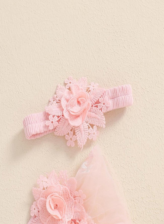 Douhoow Baby Girls Romper Dress Baby Dress Romper 3D Flowers Mesh Skirt Hem Infant Girl Summer Clothes with Headband (Light Pink, 0-3 Months) - Image 5