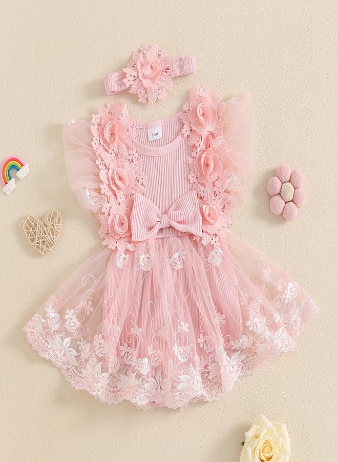 Douhoow Baby Girls Romper Dress Baby Dress Romper 3D Flowers Mesh Skirt Hem Infant Girl Summer Clothes with Headband (Light Pink, 0-3 Months) - Image 3