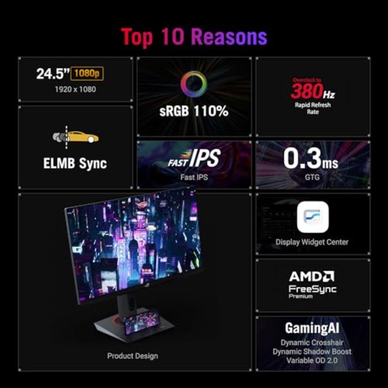 ROG Strix XG259QNS eSports Gaming Monitor: 25 inch 24.5 inch viewable FHD (1920 x 1080), 380 Hz (OC), Fast IPS, 1 ms GTG (0.3 ms minimum), HDR, DisplayWidget Center - Black - Image 4
