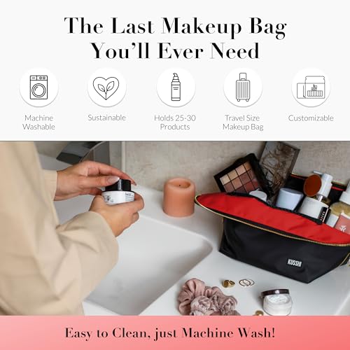 KUSSHI Washable Travel Makeup & Cosmetic Bag - Brush Organizer Sold Separately (Vacationer, Satin Black/Red) - Image 2