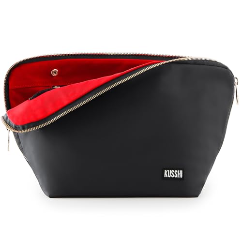 KUSSHI Washable Travel Makeup & Cosmetic Bag - Brush Organizer Sold Separately (Vacationer, Satin Black/Red) - Image 1