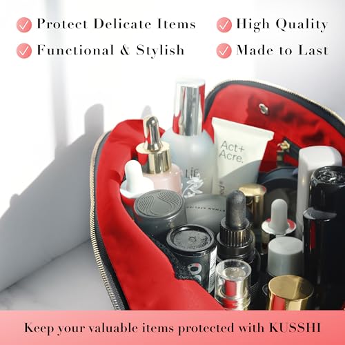 KUSSHI Washable Travel Makeup & Cosmetic Bag - Brush Organizer Sold Separately (Vacationer, Satin Black/Red) - Image 4