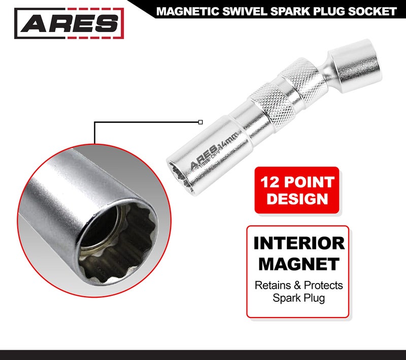 ARES 11000-14mm Thin Wall Magnetic Swivel Spark Plug Socket - 3/8-Inch Drive 12-Point Spark Plug Socket - Walls 2mm Thinner Than Standard Spark Plug Sockets - Image 4