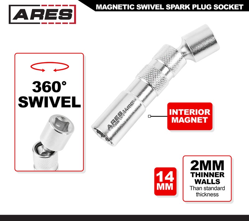 ARES 11000-14mm Thin Wall Magnetic Swivel Spark Plug Socket - 3/8-Inch Drive 12-Point Spark Plug Socket - Walls 2mm Thinner Than Standard Spark Plug Sockets - Image 3
