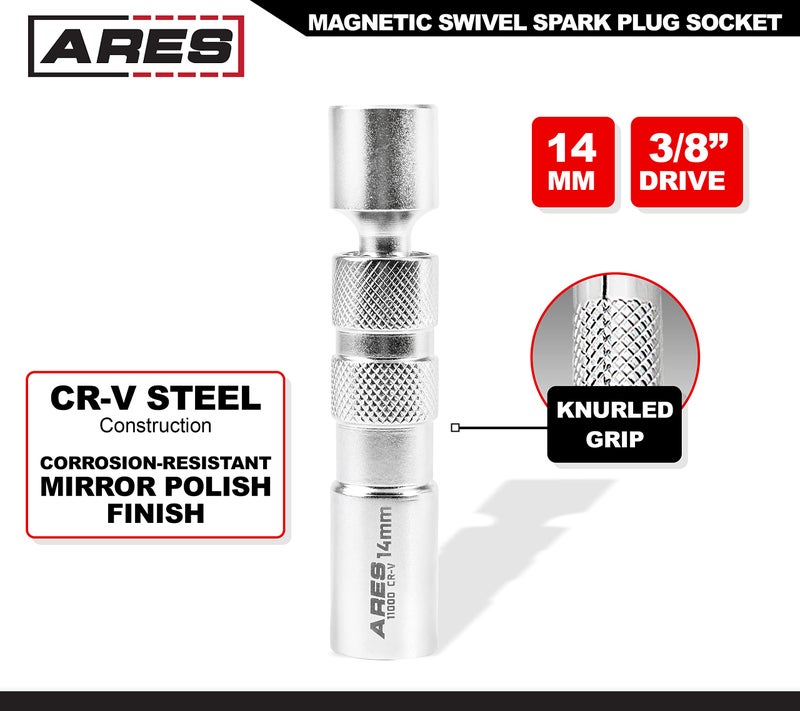 ARES 11000-14mm Thin Wall Magnetic Swivel Spark Plug Socket - 3/8-Inch Drive 12-Point Spark Plug Socket - Walls 2mm Thinner Than Standard Spark Plug Sockets - Image 2