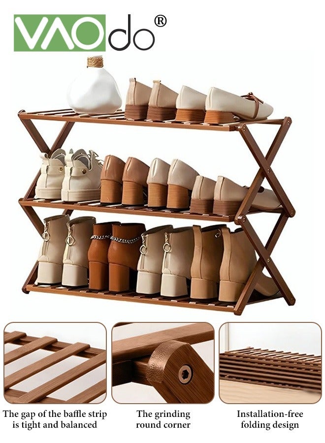VAOdo 3-Tier Bamboo Shoe Rack ,  Super Load-bearing Foldable Shoe Shelf, Multifunctional Free Standing Storage Organizer for Bedroom Entryway Hallway Living Room  - Image 1