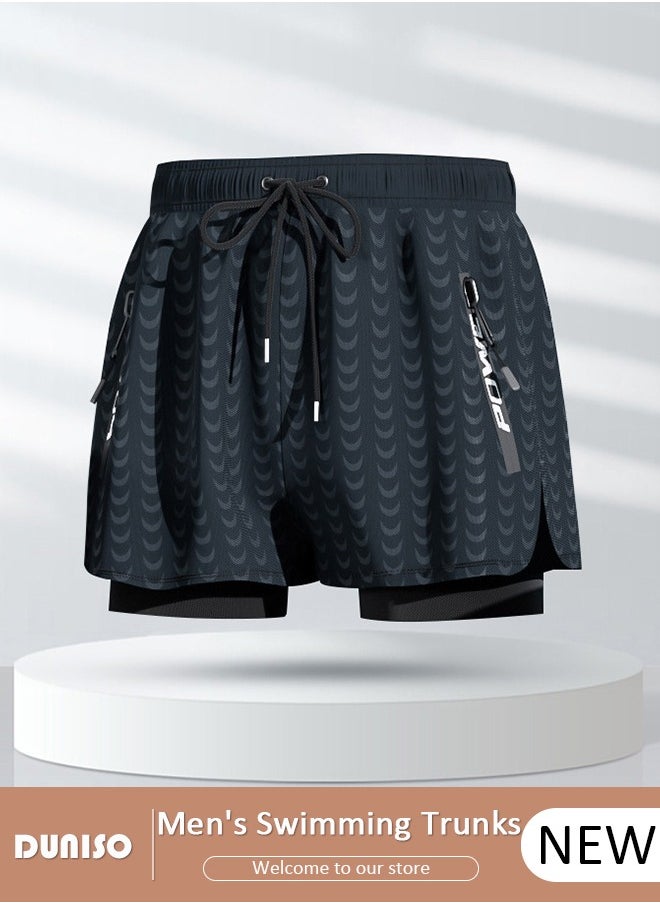 DUNISO - Men's Swimming Trunks with Compression Liner, Double Layer Quick Dry Beach Shorts with Adjustable Belt Loose Breath Swim Shorts with Zipper Pockets Suits for Beach and Swimming - Image 1