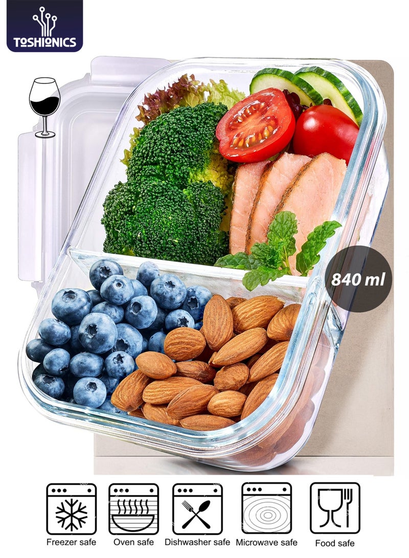 توشيونيكس وعاء زجاجي لتحضير الوجبات T114607 (840 مل) - وعاء زجاجي محكم الإغلاق لتخزين الطعام من البورسليكات مع غطاء، 2 حجرة، آمن للاستخدام في الميكروويف والفرن - Image 1